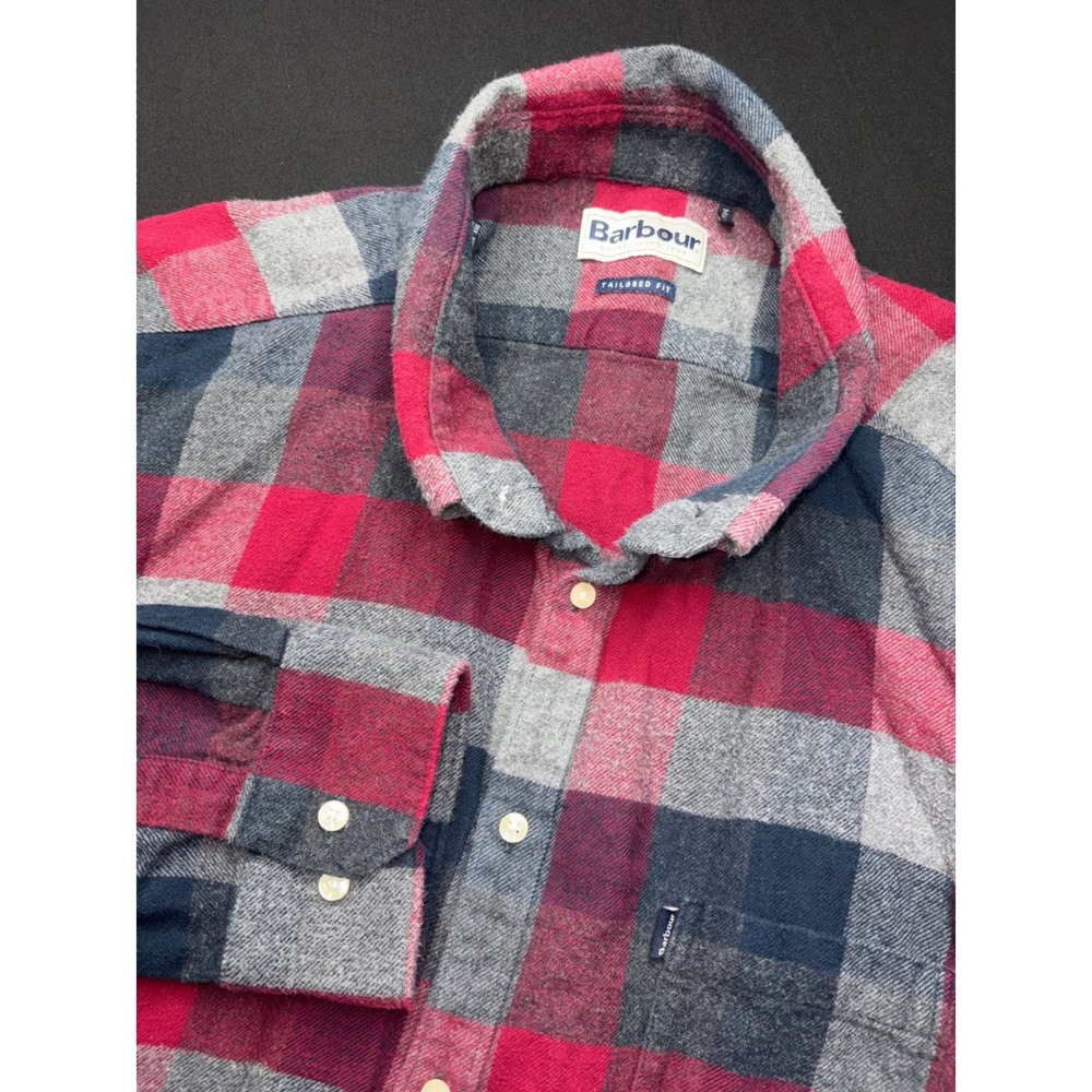 Barbour Stapleton Angus Flannel Shirt Mens XXL Red Grey Plaid Tailored Fit